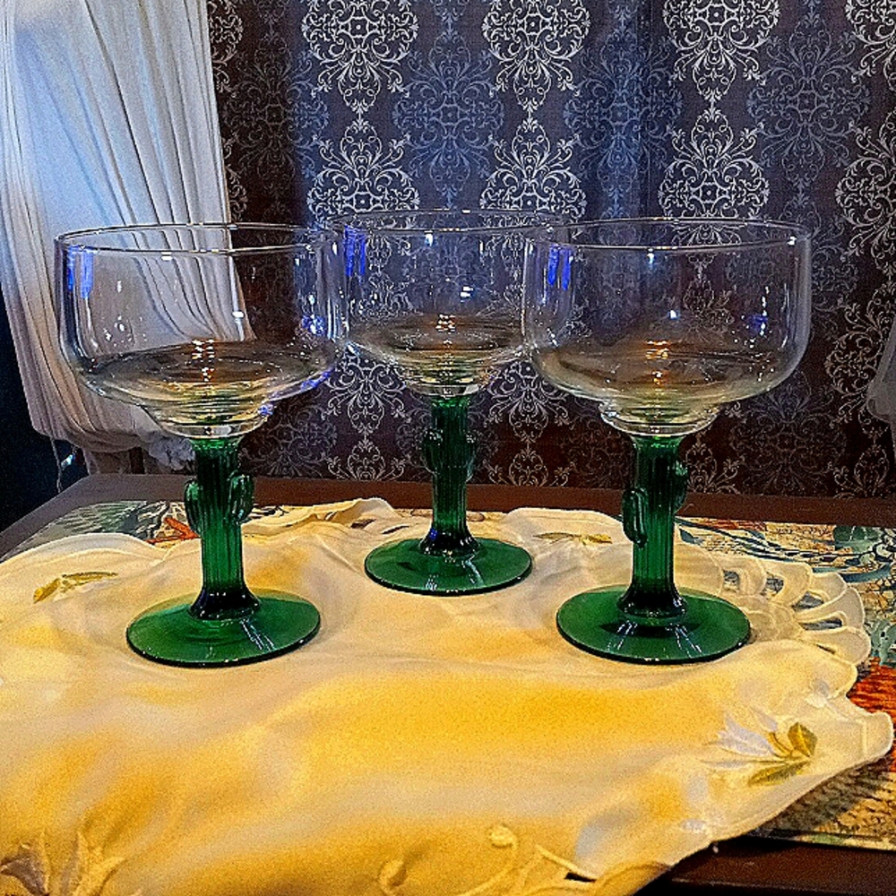 3 large artisan made hand blown margarita glasses